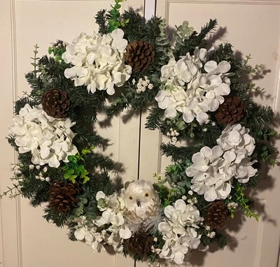 Christmas, Holiday, Winter Snow Owl Hydrangea  Wreath with Eucalyptus & Pine 24” - Image 1 of 4