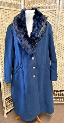 TOGETHER LADIES COAT BLUE FUR COLLAR LONG OVERCOAT DUSTER WINTER WARM  22 San5 - Image 1 of 4