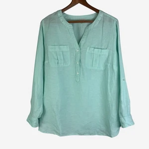 Talbots Leinenmischung Bandkragen Popover-Bluse Größe 1X Rollriegelärmel  - Bild 1 von 8