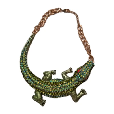 Золото зеленый коренастый аллигатор крокодила ожерелье иридецент зеленый камни красные глаза - Изображение 1 из 4