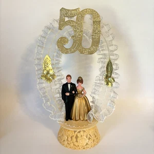 Vtg 50th Golden Anniversary Wedding Cake Topper Brunette Couple 11.5" - Picture 1 of 11