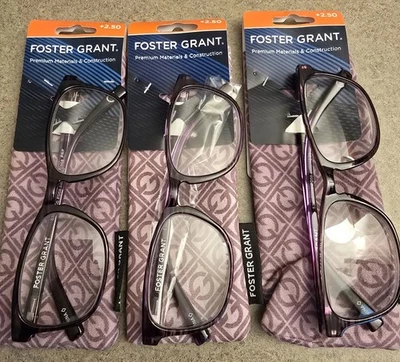 Foster Grant Elana 3 Pares Gafas de Lectura Púrpura +2.50 ¡NUEVAS CON ESTUCHES! Foto 1 de 2