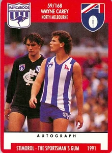 Tarjeta de novato 1991 North Melbourne Kangaroos AFL Stimorol Scanlens - Wayne Carey - Imagen 1 de 3