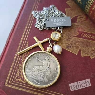 Designer VB&CO Vintage Style Large American Coin Pendant 32" Long Necklace Chic - Image 1 of 4