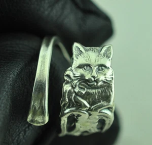 Dainty Solid 925 Sterling Silver My Little Kitty Cat Adjustable Spoon Ring - Picture 1 of 6