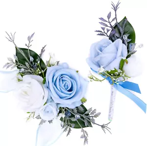 Blue Corsage and Boutonniere Set for Bride Groom Bridesmaids Groomsmen Wedding H - Picture 1 of 12