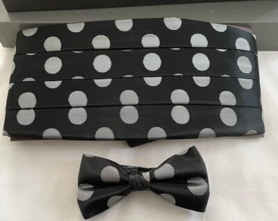 Vicky Davis Matching Bow Tie and Cummerbund Black With Silver Polka Dots Set - Image 1 of 4