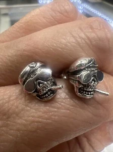 Smoking Skull Sterling Silver Earrings Handmade Men Silver Gothic Stud - Picture 1 of 3
