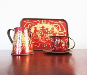 Antique Tin Child Tea Set Dutch Girls Dancing in Circle Art Nouveau Partial RARE - Picture 1 of 7