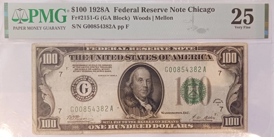 1928A $100 Federal Reserve Note starts 2 zeros #G00854382A Chicago PMG CH VF25 - Image 1 of 3