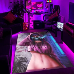 Cyberpunk Neon Style Area Rug Red Purple Anime Sexy Lady Print Carpet - Picture 1 of 6