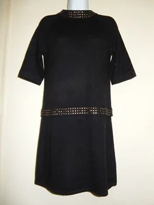 QI 100% CASHMERE BLACK CREW NECK 3/4 RAGLAN SLEEVE METAL RIVETS TRIM DRESS S - Picture 1 of 12