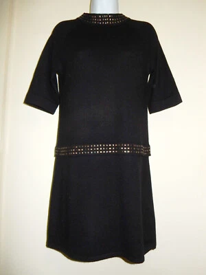 QI 100% CASHMERE BLACK CREW NECK 3/4 RAGLAN SLEEVE METAL RIVETS TRIM DRESS S - Image 1 of 4