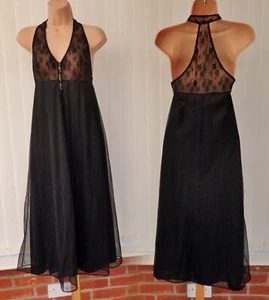 N31 VTG DOROTHY PERKINS ULTRA SHEER BLACK LACE BUTTON FRONT 60'S NIGHTDRESS 8/10 - Picture 1 of 12