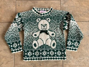 Vintage Pepperoni Girls Sweater Medium 5-6 Green White Teddy Bear Velvet Bow USA - Picture 1 of 7