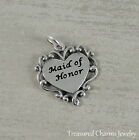 925 Sterling Silver Maid of Honor Heart Charm - Wedding Bridal Gift Pendant NEW