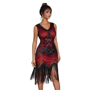 Women's Vintage Black Red Dress Formal Evening Bridal Prom Party Fringe Beaded L - Picture 1 of 7