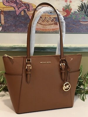 MICHAEL KORS CHARLOTTE MEDIUM LARGE ZIP TOTE SHOULDER BAG LUGGAGE BROWN LEATHER - Image 1 of 4