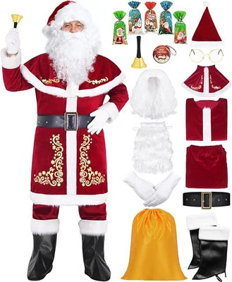 MEN DELUXE 14 PC RED VELVET 3XL SANTA CLAUS SUIT CHRISTMAS COSTUME FATHER OUTFIT - Image 1 of 4