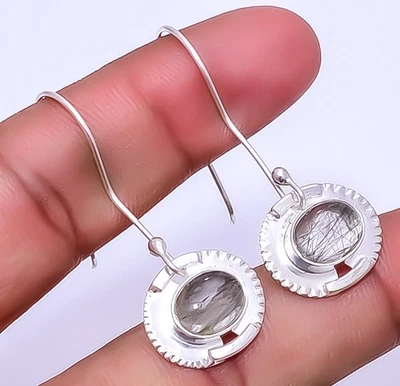 Black Rutilated Quartz 925 Sterling Silver Earring 1.72" E23, Christmas Gift - Image 1 of 4