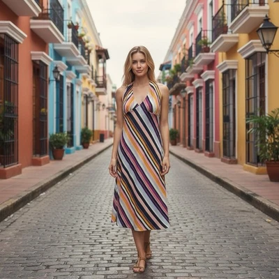 Vestido midi halter 100 % seda a rayas talla 2 Anthropologie Poleci para mujer - cuello en V Foto 1 de 4