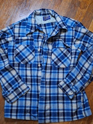 Camisa de Tablero de Lana Pendleton Años 60 De Colección Para Hombres Talla M Botón Lazo Azul A Cuadros Ombre Foto 1 de 4