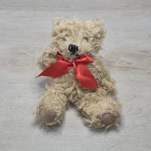 TEDDYBÄR Vintage beige Puppe 80er Jahre Stofftier mit roter Schleife verbunden - Bild 1 von 6