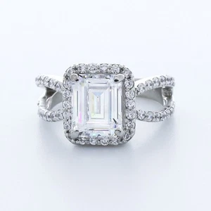 3.9 CTW Lab-Created Diamond E/VVS2 Emerald Cut Platinum 4-Prong Halo Accent Ring - Picture 1 of 4