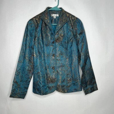 Jaqueta Coldwater Creek Blazer XS AZUL-PETRÓLEO DOURADO Totalmente Forrada Nylon Rayon Arte Para Usar - Imagem 1 de 4