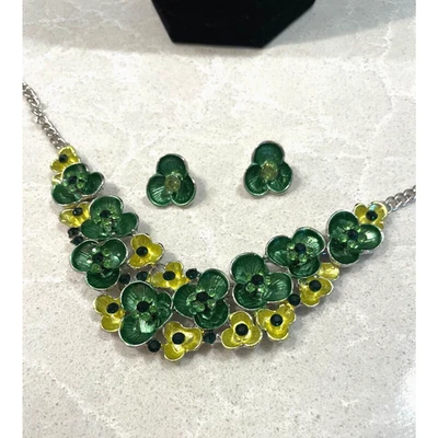 Juego de collar pendientes vintage floral pieza llamativa esmalte verde y amarillo Foto 1 de 4