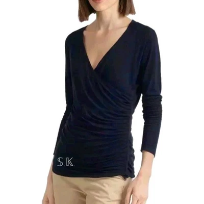 GARNET HILL Black Surplice Faux Wrap Stretch Knit V-Neck Top size LARGE **Flaw - Image 1 of 4