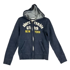 Abercrombie Fitch Hoodie Kids XL Navy Logo Muscle Full Zip Y2K Pockets - Picture 1 of 12