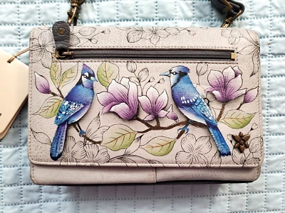Cartera Bandolera Anuschka Nueva con Etiquetas Retirada Northern Jays Cuero Pintado a Mano 2 en 1 Foto 1 de 4