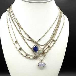 Multi Strand Necklace 18in Faceted Quartz Blue Goldstone Gold Tone Chain Layers - Bild 1 von 7