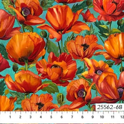 Charisma Poppies Cotton Quilt fabric Northcott 25562-68 Large Poppy on Teal - Image 1 of 4