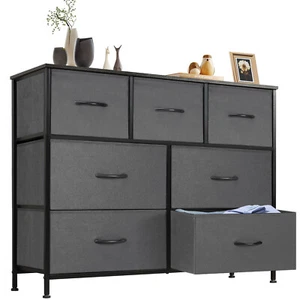 Dresser With 7-Drawer Storage Chest Fabric Bins Wood Top Metal Frame TV Stand - Picture 1 of 23