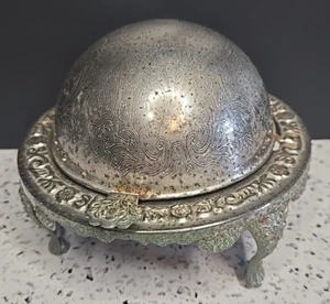 Vecchio caviale/burro vintage placcato argento con cappuccio fodera originale - Foto 1 di 7