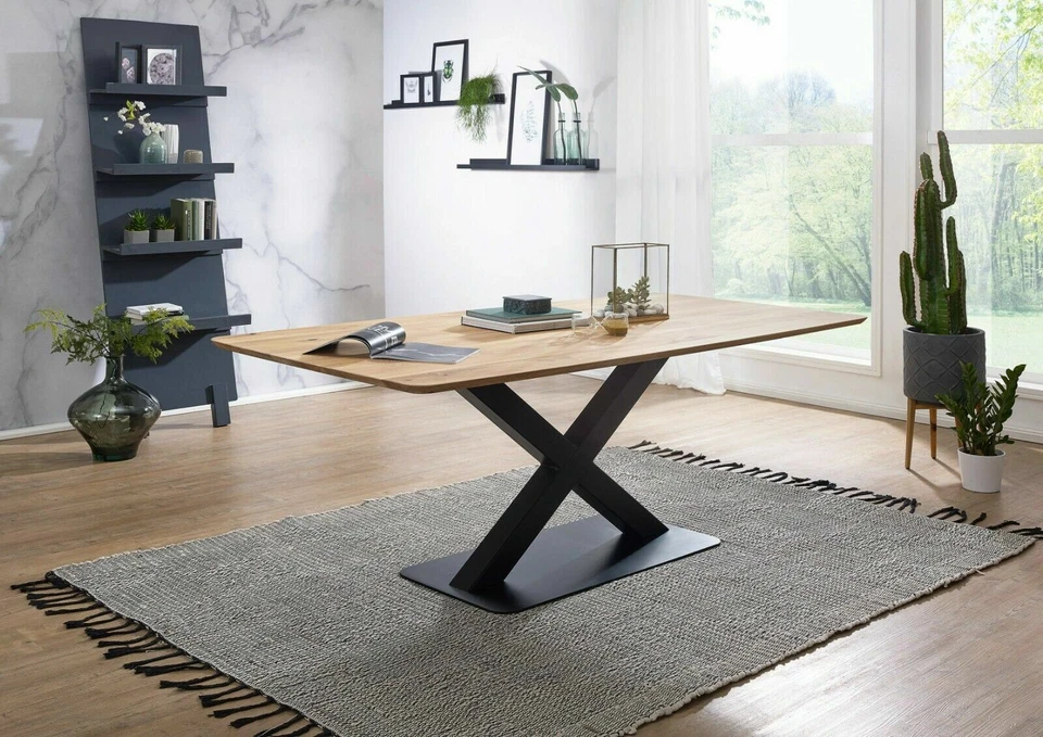 Esstisch TI-0540 Wildeiche Bootsform X-Fuss Metall Schwarz Küchentisch Tisch - Bild 1 von 1
