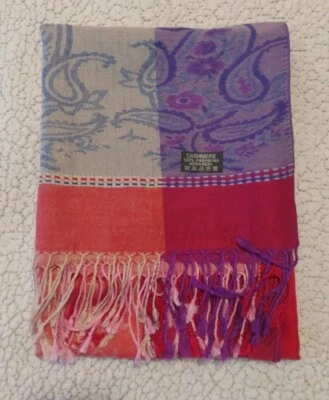 Envoltura de bufanda 100 % pashmina en rosa, rojo, púrpura con diseño de cachemira Foto 1 de 4