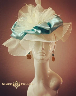 Aimee Fuller Baby Blue Satin Cream Off White Kentucky Derby Hat Ascot Fascinator - Image 1 of 4