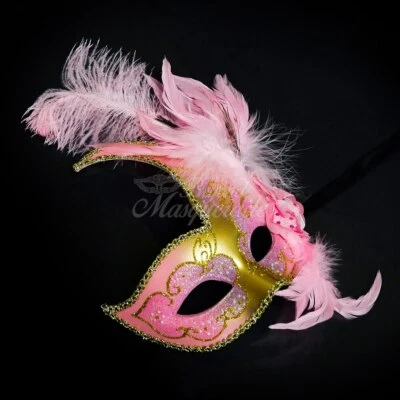 Feather Masquerade Party Mask Gold Pink M6131 - Image 1 of 4