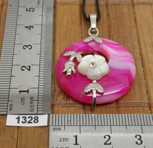 Pendentif donut AGATE rose et fleur blanche + cordon reglable - collier rond - Picture 1 of 3