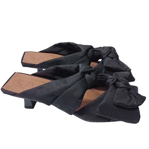 GANNI Kitten Heels Black Mid Mules Bow Recycled Nylon Shoe UK 7 NEW RRP 295