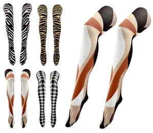 Ladies Tights Printed Patterned Zebra Dog Tooth Print Vintage Tartan Pop Comic - Picture 1 of 25