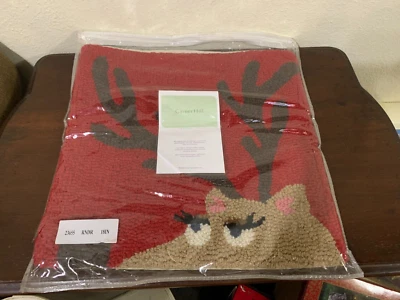 Garnet Hill Wool Hooked Reindeer Pillow Cover Christmas 18" x 18" - Image 1 of 4