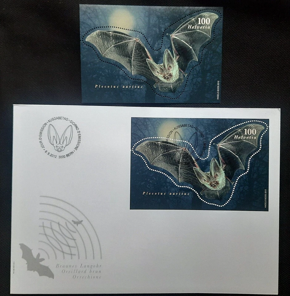 Switzerland - "BROWN LONG-EARED BAT" Unique Embossed MS + FDC 2012 - Image 1 of 4