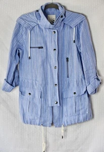Joie Designer Blue Striped Anorak Barker Hooded Linen Jacket Blazer Size M - Picture 1 of 6