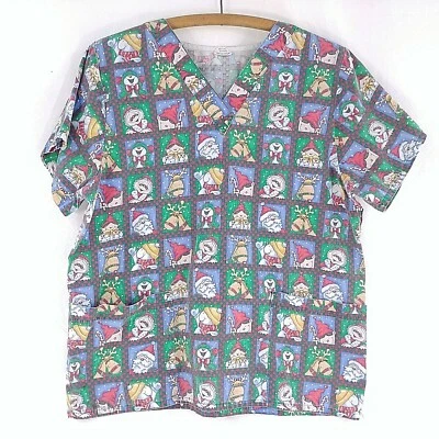 Tafford Uniform Scrub Top Christmas Santa Crew V- Neck Short Sleeve Women Medium - Image 1 of 4