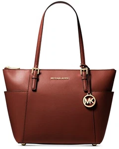 Michael Kors Jet Set East West Handbag Top Zip Tote Brandy & Gold Leather - Picture 1 of 3