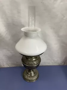 Antique Juno Lamp Miller Oil Lamp With Shade And Chimney Ornate Nickel Plated - Picture 1 of 19